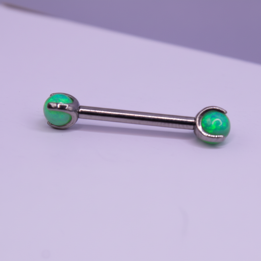 Barbell Titanio para Pezón Plata con Piedra verde